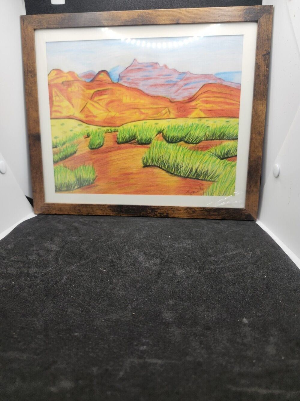 Hand Crafted Desert Mountain Landscape Colored Pencil Drawing Framed 9x11"